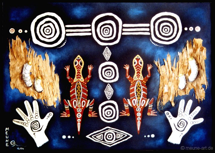 07 Traditionelle Symbolik neu inszeniert Paintingstones, Pastell, Acryl und Paperbark auf Papier;
70 x 50 cm